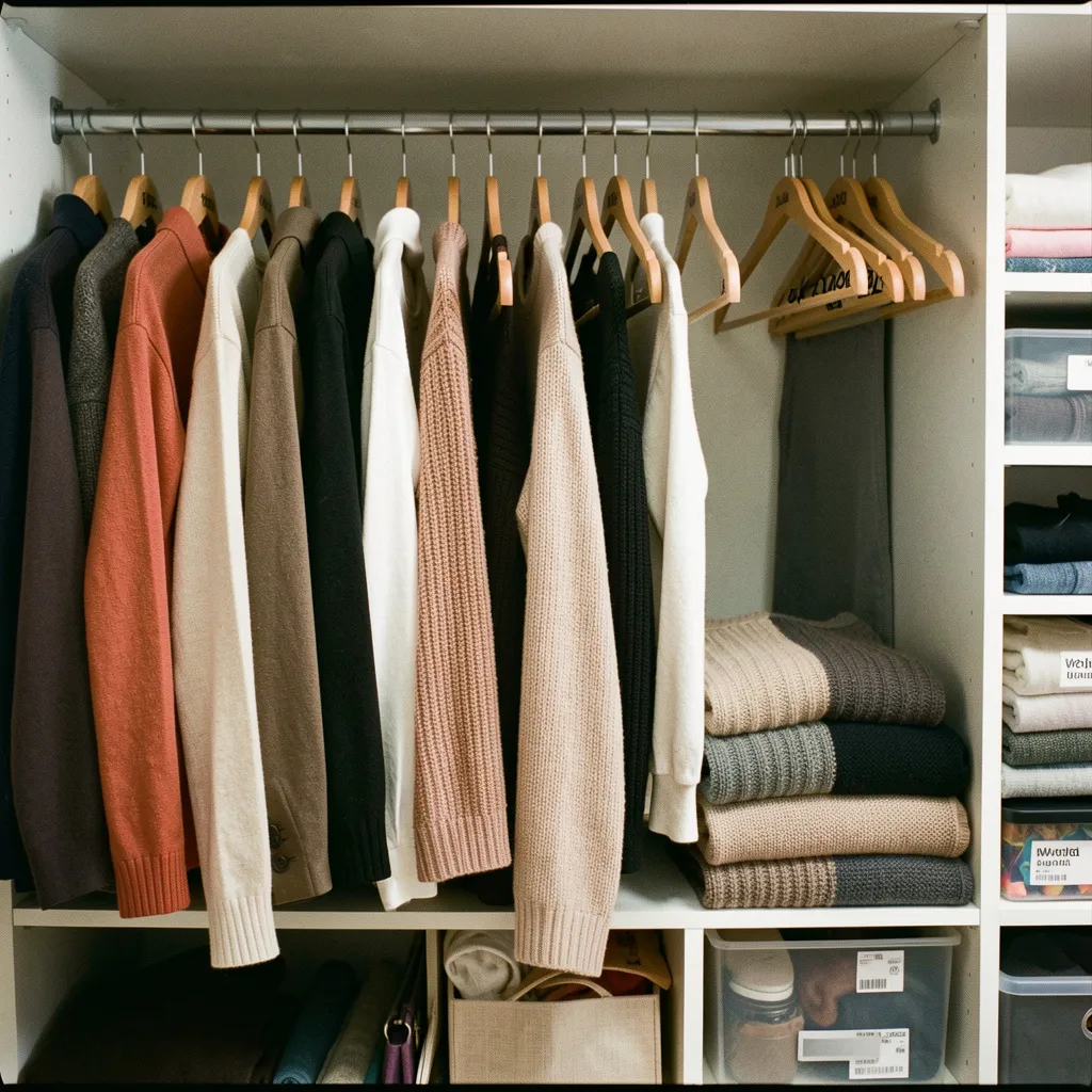 Hengende plagg i organisert garderobe